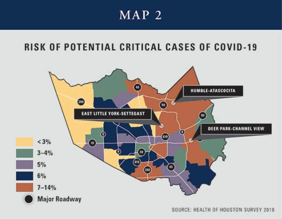 A map showing areas where residents are most likely to need critical care due to COVID-19. Credit Health of Houston/UTHealth.